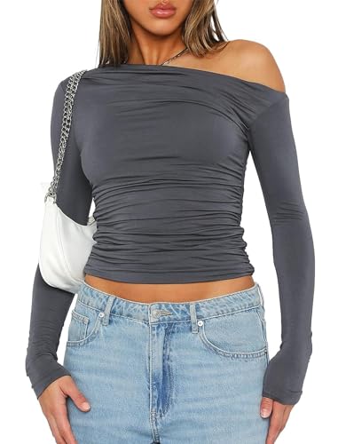 Matunana Womens Going Out Tops Long Sleeve Shirts Sexy One Off The Shoulder Cute Y2K Crop Basic Tees Fitted Copped Outfits Teen Girls Fashion Fall Clothes 2024 Trendy A Grey