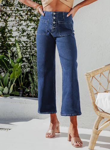 Sidefeel Women's Wide Leg Jeans High Waisted Stretchy Straight Leg Jeans Buttoned Loose Denim Pants with Pocket Sail Blue Size 14 Short