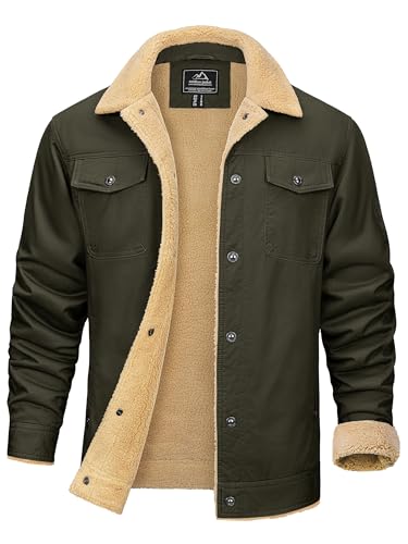 KEFITEVD Winter Jackets for Men Fleece Lined Windbreaker with Warm Collar Windproof Trucker Jacket Army Green S