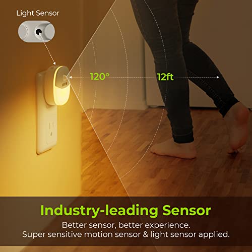 AUVON Plug in Night Light with Motion Sensor and Dusk to Dawn Sensor, Mini Warm White LED Nightlight with 1-50 lm Adjustable Brightness for Bathroom, Hallway, Stairs, Bedroom, Kitchen, 4 Packs