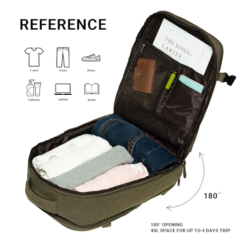 KAUKKO Thick Canvas Travel Backpack, Flight Approved Carry On Backpack with Shoe Pouch and 15.6 inch Laptop Compartment, 40L Luggage Casual Daypack Weekender Bag 10-ARMYGREEN