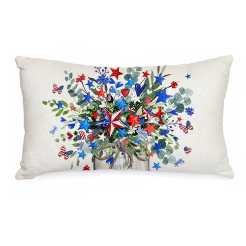 AACORS 4th of July Pillow Covers 12x20 Inch Stars Floral Vase Butterfly Decor Patriotic America USA Holiday Pillow Case Independence Memorial Day Decorations for Home Sofa Couch AA532-12