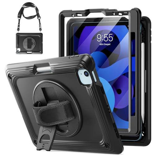TSQQST for iPad Air 5th/4th Generation Case 10.9 Inch, iPad Pro 11 Inch Case (4th/3rd/2nd/1st Gen) 2022 2021 2020 2018, Heavy Duty Rugged Protective Case w/Screen Protector+Stand+Hand Strap, Black
