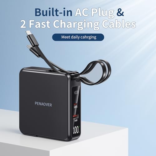 penaover Portable Charger with Built-in Cables&AC Wall Plug, 10000mAh Wireless Charging(No-Magnetic) Power Bank, PD 22.5W Fast Charging USB C Battery Pack Compatible with iPhone, Android, Samsung