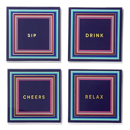 Trina Turk Glass Drink Coasters, Set of 4 Absorbent Beverage Coasters with Elevated Rim & Fun Phrases, Use for Tabletop Protection, Pillar Candle Holder or Small Planter Plate, 4x4” Square