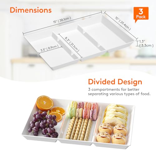 Lifewit Serving Tray Divided for Party Supplies, 3 PCS 15" x 10" Plastic Platters for Serving Food, White Reusable Tray for Veggie, Snack, Fruit, Cookies, Desserts in Kitchen/Pantry