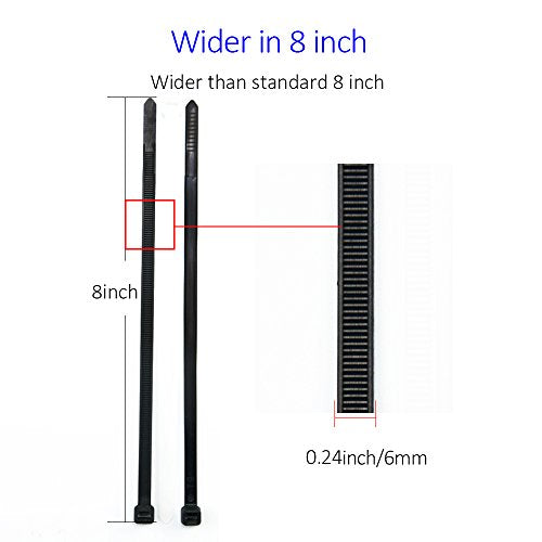 Cable Zip Ties Heavy Duty 8 Inch, Ultra Strong Plastic Wire Ties with 80 Pounds Tensile Strength, 100 Pieces, Nylon Tie Wraps with 0.24 Inch/6mm Width in Black & White, Indoor and Outdoor UV Resistant