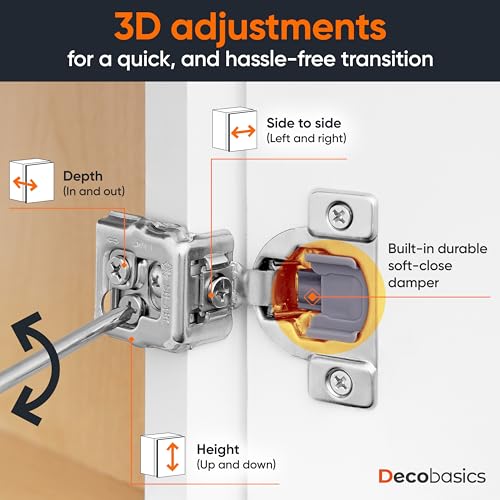 DecoBasics 100 Pack 1-1/4" Overlay Soft Close Cabinet Hinges for Kitchen Cabinets -Satin Nickel Self Closing Kitchen Cabinet Hinges Concealed with Built-in Soft Close Hinge Damper -3 Way Adjustability
