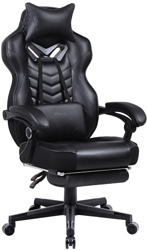 Gaming Chair for Adults,Computer Chair with High Back,Big and Tall Gaming Chairs with Footrest and Massage,Reclining Gamer Ergonomic Office Desk Chair(Black)