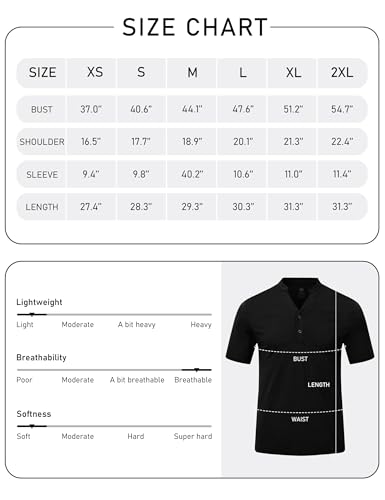 MoFiz Baron Men's Quick Dry Golf Polo Shirts Short Sleeve Henley Shirt Active Athletic Collarless Sport Polo Shirts Black Small