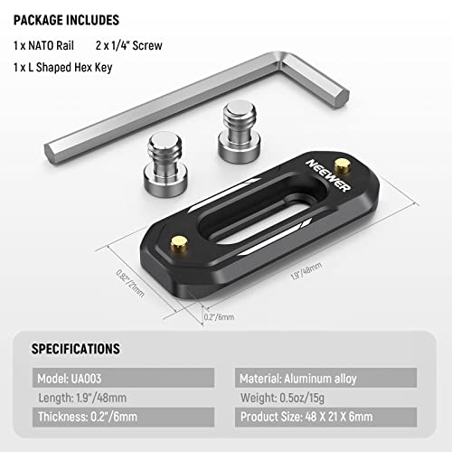 NEEWER 2"/48mm Mini NATO Rail, Anti Off Quick Release NATO Rail with 1/4" Screws and Safety Pins for NATO Handle, Camera Cage & Field Monitor, Compatible with SmallRig Cage, UA003