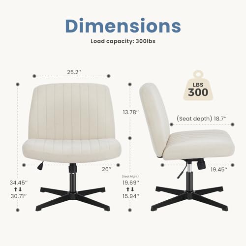 DUMOS Cross Legged Armless Wide Wheels, Modern Home Office Desk Swivel Adjustable Fabric Vanity Chair, Beige