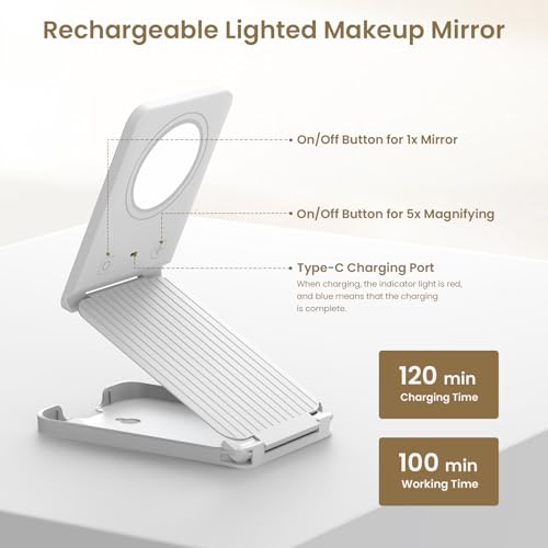 LAMPICK Travel Makeup Mirror with Lights, Portable 1X Vanity Mirror with 5X Lighted Magnification,72 LEDs 3 Color Lights, Rechargeable 1000mAh Battery, Freely Adjust Height and Angle