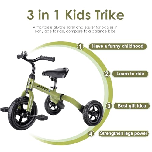 YGJT 3 in 1 Tricycle for Toddlers Age 2-5 Years Old, Folding Kids Balance Bike with Adjustable Seat and Removable Pedal, Toddler Bike Ride-on Toys for Infant, Gifts for Baby Boys Girls(Army Green)