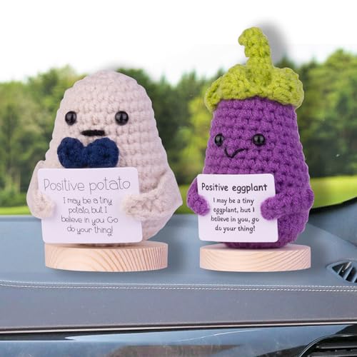 MuMyer Funny Crochet Positive Potato Doll, Handmade Emotional Support Wool Knitted Potato Doll Car Ornaments Gifts with Wooden Base for Car Home Office(Deep Blue)