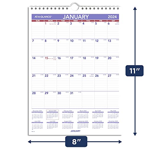 AT-A-GLANCE 2024 Wall Calendar, 8" x 11", Small, Ruled Blocks, Spiral Bound, Monthly (PM12824)