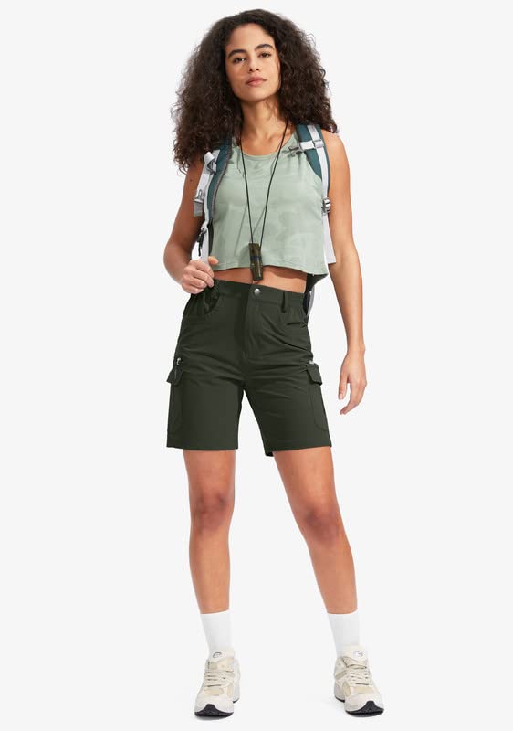 SANTINY Women's Hiking Cargo Shorts with 7 Pockets Lightweight Quick Dry 7 Inch Long Golf Shorts for Women Casual Summer (Khaki_L)