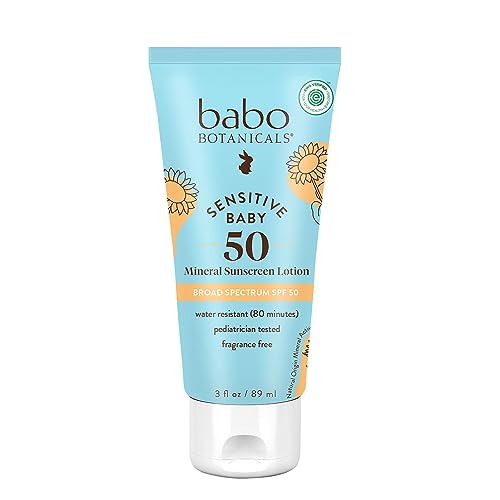 Babo Botanicals Sensitive Baby Mineral Sunscreen Lotion SPF50 - Natural Zinc Oxide - Face & Body - Fragrance-Free - Water-Resistant - EWG Verified - Vegan - Extra Sensitive Skin - For Babies & Kids