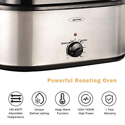 26 Quart Electric Roaster Oven, Turkey Roaster with Viewing Lid, Large Stainless Steel Roaster Oven Silver