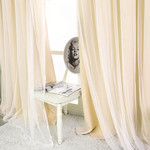SOFJAGETQ Beige Blackout Curtains with Sheer 54 Inches - Double Layered Short Blackout Curtains with Voile Sheer Drapes for Kids/Girls Bedroom Nursery Living Room, Biscotti Beige, 2 PCs