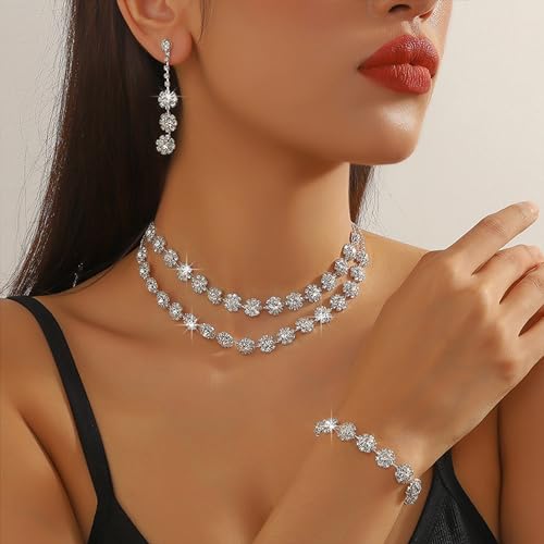 HUASAI Wedding Jewelry Sets for Brides Silver Prom Jewelry Rhinestone Necklace Earrings Bracelet Set for Party Wedding Graduation Bridesmaid Prom Dresses 2024 Accessories