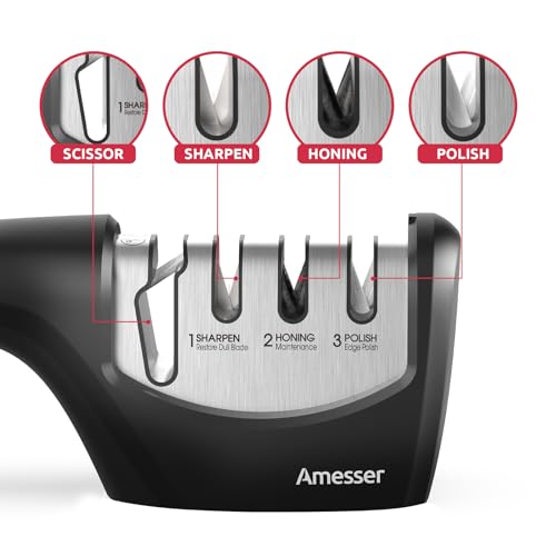 Knife Sharpener, Amesser 4-in-1 Kitchen Knife Sharpener Effortlessly Sharpen Restore, Hone, and Polish Blades Quickly for Kitchen Knives, Pocket Knives, Chef's & Serrated Knives, Scissors