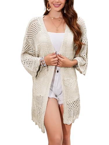 Famulily Womens Crochet Knit Cardigan Hollow Out Open Front Cover Ups Tops Summer Cardigan Beige S