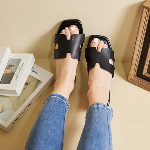 Putu Women's Flat Sandals Summer Sandals Cute Slide Sandals Black 6