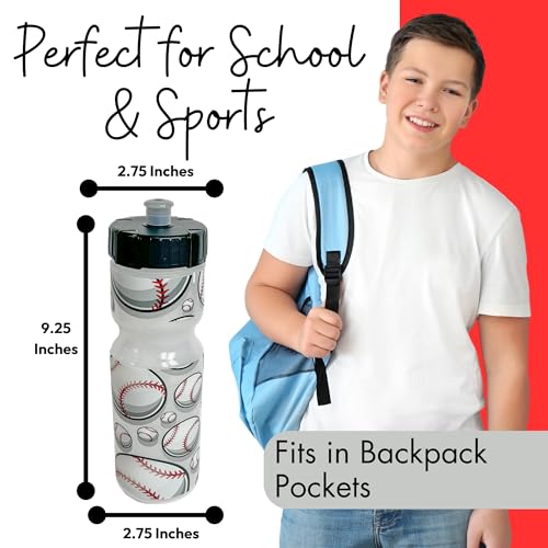 50 Strong 22oz Kids Sports Squeeze Water Bottle – BPA-Free with Pull Top Cap – Durable & Reusable for School, Boys & Girls – Made in USA – Baseball Theme