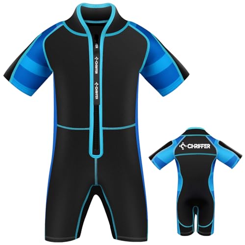 Chriffer Kids Wetsuit Shorty Wet Suit for Girls Boys Front Zip 2mm Neoprene Thermal Short Sleeves for Toddler/Kid/Youth/Teens Keep Warm for Diving Surfing Swimming Water Sports, Blue, X-Small