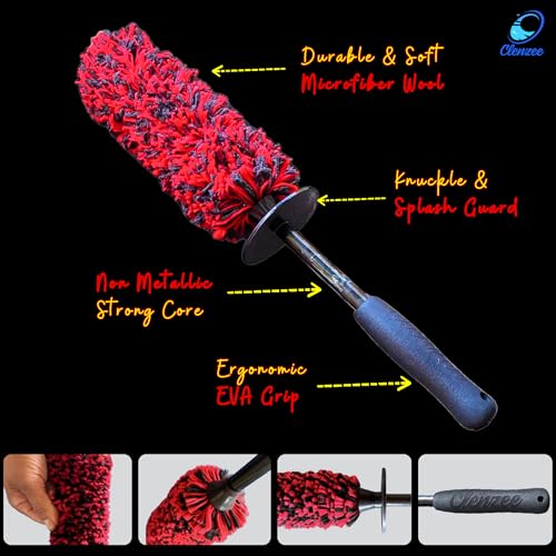 Clenzee Large Microfiber Wheel Brush for SUVs, RVs & Trucks | Soft Non-Metallic Rim Cleaner Brush with Premium Microfiber Wool | Non-Metallic Wheel Cleaner Brush for Large Size Rim