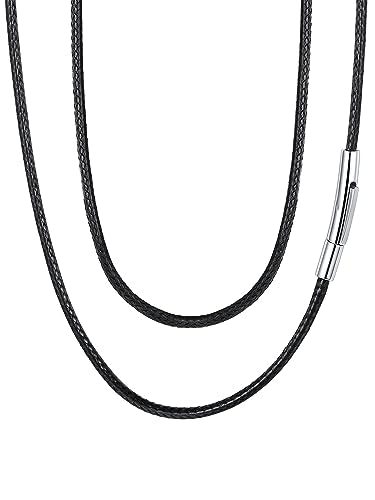 FaithHeart Leather ID Necklace with 4 Beads Personalized Chain Jewelry for Men with Stainless Steel Clasp 18 Inch Black