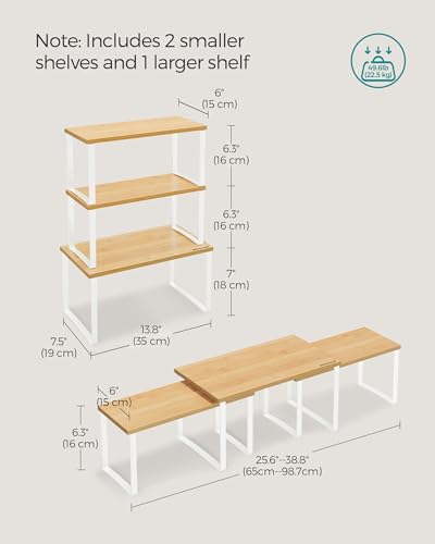 SONGMICS Cabinet Organizer Shelf, Set of 3 Kitchen Counter Shelves, Corner Shelves, Kitchen Storage, Spice Rack, Stackable, Expandable, Metal and Bamboo, Cloud White and Natural Beige UKCS014W01