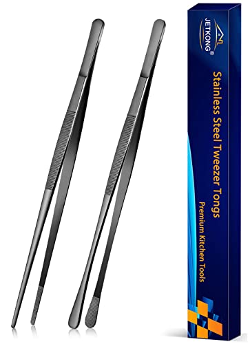 JETKONG 2 Pcs 10-Inch Cooking Tweezers Stainless Steel, Straight Food Tweezers, Professional Kitchen Tweezers/Forceps for Cooking Repairing and BBQ (10-Inch, Silver)