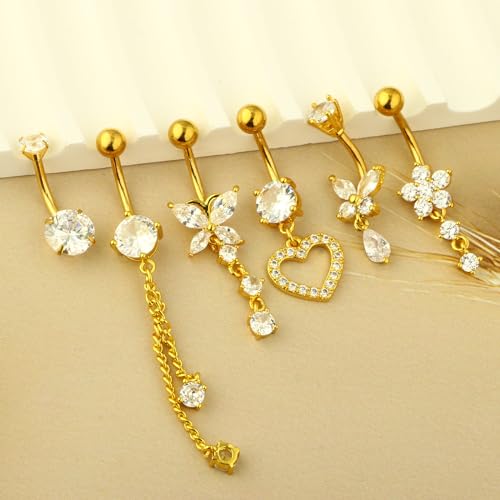 TIANCI FBYJS Surgical Stainless Steel Gold Belly Button Ring for Women 14G Dangle Navel Piercing Jewelry with Heart Flower Butterfly heart Flower Cute Dangling Curved Belly Rings