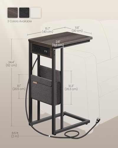 VASAGLE C-Shaped Side Table, End Table with Charging Station, 2 USB Ports and Outlets, C Table for Couch, Sofa, with Storage Bag, Adjustable Feet, for Bedroom, Living Room, Ash Brown ULET356K01