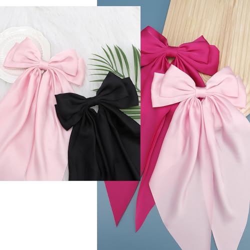 SuPoo 3pcs Red Satin Silk Hair Barrettes - Big Bowknot Coquette Accessories with Long-tail Aesthetic for Women's Hair