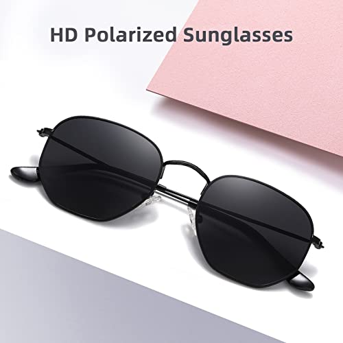 MEETSUN Polarized Hexagon Sunglasses for Women Men Polygon Square Sun Glasses UV400 Protection Metal Frame Black-Gray