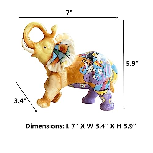 FORLONG Ceramic Collectible Figurines Statue，3D Hand-Painted Rural Scenery Elephant with Trunk Raised statue Decoration（Large）