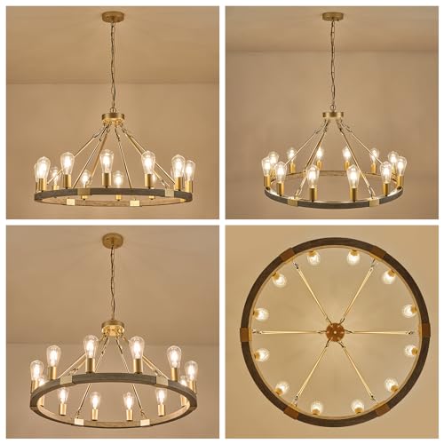 Benkut Farmhouse Wagon Wheel Chandelier 31" Black Rustic Light Fixtures 12-Light Wood Round Chandelier for Dining Room Living Room Entryway Foyer