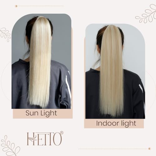 Hetto Blonde Highlighted Wrap Around Ponytail Human Hair 18 Inch 80g Long Ponytail Extension Human Hair Brown Highlight Blonde Magic Paste Ponytail Hair Extensions