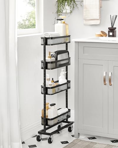 SONGMICS Slim Storage Cart, 4-Tier Metal Rolling Cart with Wheels, Flexible Baskets, Narrow Cart for Kitchen, Bathroom, Laundry Room, Easy Assembly, Black UBSC065B01