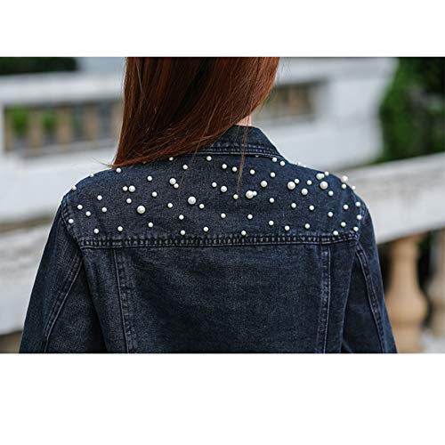 Ainangua Cropped Jean Jacket Women's Pearl Oversized Distressed Short Bridal Embroidered Beading Denim Jacket (Black, XS)