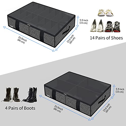 Onlyeasy 2 Pack Under Bed Shoes Storage Bag Organizer (14+4 Pairs), Collapsible Shoe Boot Container with Handles, Underbed Storage Solution for Kids & Adults, 86x60x15cm, Linen-like Black, MXAUBS14S4