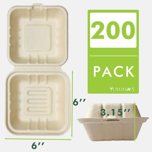 yoyomax [6x6-200Pack] 100% Compostable To Go Food Containers with Lids, Burger Box Take Out Clamshell Container, Bio Disposable | Eco Friendly | Heavy-Duty Boxes, Made of Sugarcane Fibers