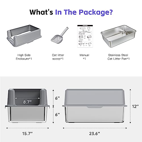 Suitfeel Enclosed Stainless Steel Cat Litter Box with Lid, Odorless XL Metal Litter Box for Big Cats, Extra Large Kitty Litter Box, Easy Clean Steel Litter Box Anti-Leakage, Include Litter Scoop