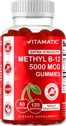 Vitamatic Extra Strength Vitamin B12 5000 mcg (Methyl B12) Gummies - 120 Count - Natural Cherry Flavored