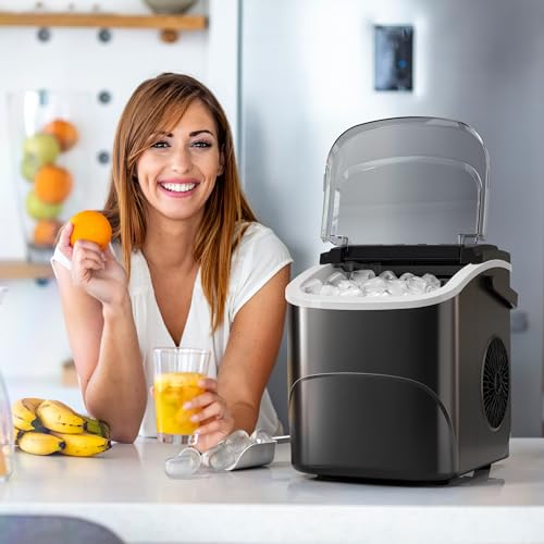 AGLUCKY Ice Makers Countertop, Portable Ice Maker Machine with Handle,26.5lbs/24Hrs, 6Mins/9Pcs Bullet Ice,Self-Cleaning Countertop Ice Maker with Ice Scoop for Home & Kitchen(Stainless Steels Black)