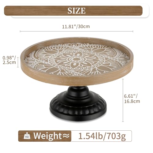 Hanobe Cake Stand Wood Riser: Decorative Boho Display Risers 12 in Round Rustic Wooden Cupcake Stand with Black Metal Pedestal for Wedding Birthday Party Home Decor Brown