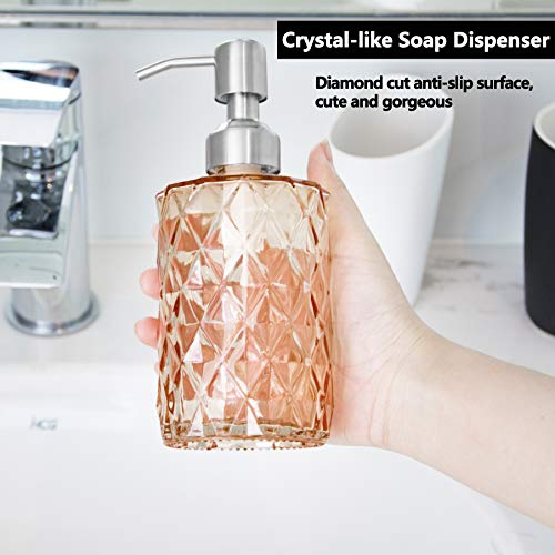 Easy-Tang 12 Oz Soap Dispenser for Kitchen,Bathroom - Refillable Wash Hand Liquid Clear Glass Bottle with Stainless Steel Pump,Ideal for Containers,Dish Detergent,Essential Oil,Shampoo Lotion (Amber)